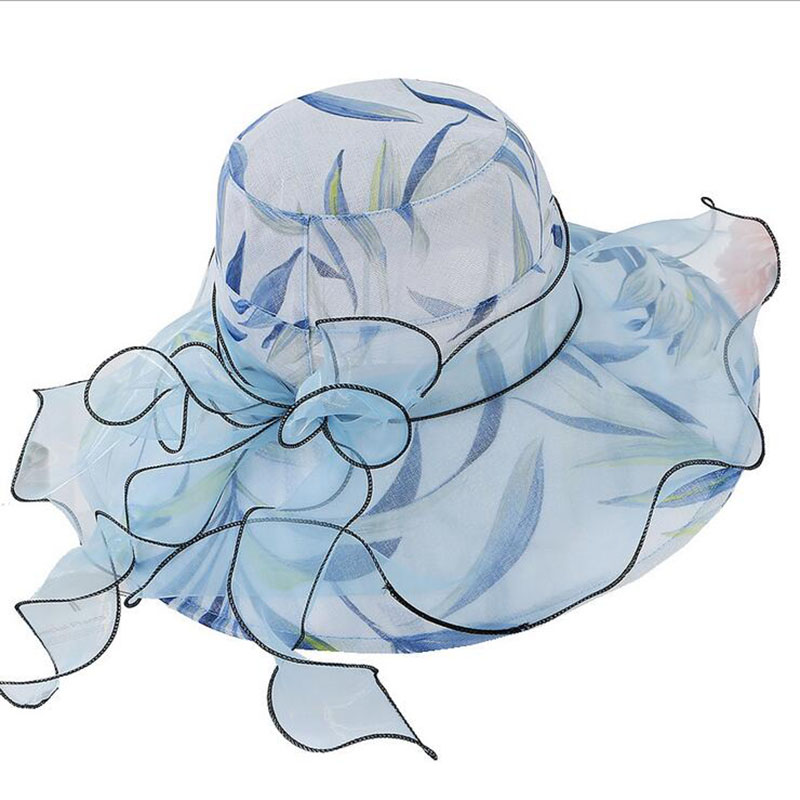 

Wide Brim Hats Summer Sun Cap For Women Outdoor Casual Beach Hat Printed Bow-Knot Mesh Vacation Ladies Bucket Caps Chapeau, Blue