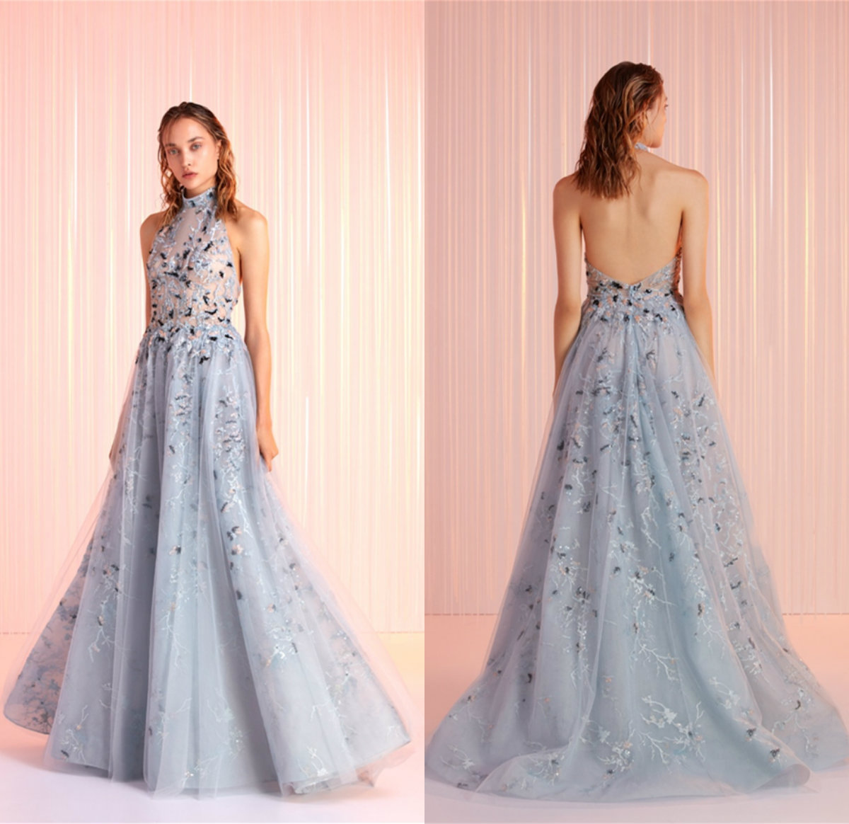 

2020 Fashion Evening Dresses Halter Neck Sleeveless Lace Appliques Prom Gowns Custom Made Backless Sweep Train Special Occasion Dress, Nude