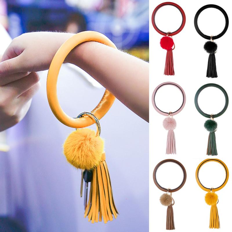 

Simulated Women &Girls Keychain Bangle Tassel Ring Circle Key Ring Leather Bangle Wristlet Fashion Jewelry Key chains Findings
