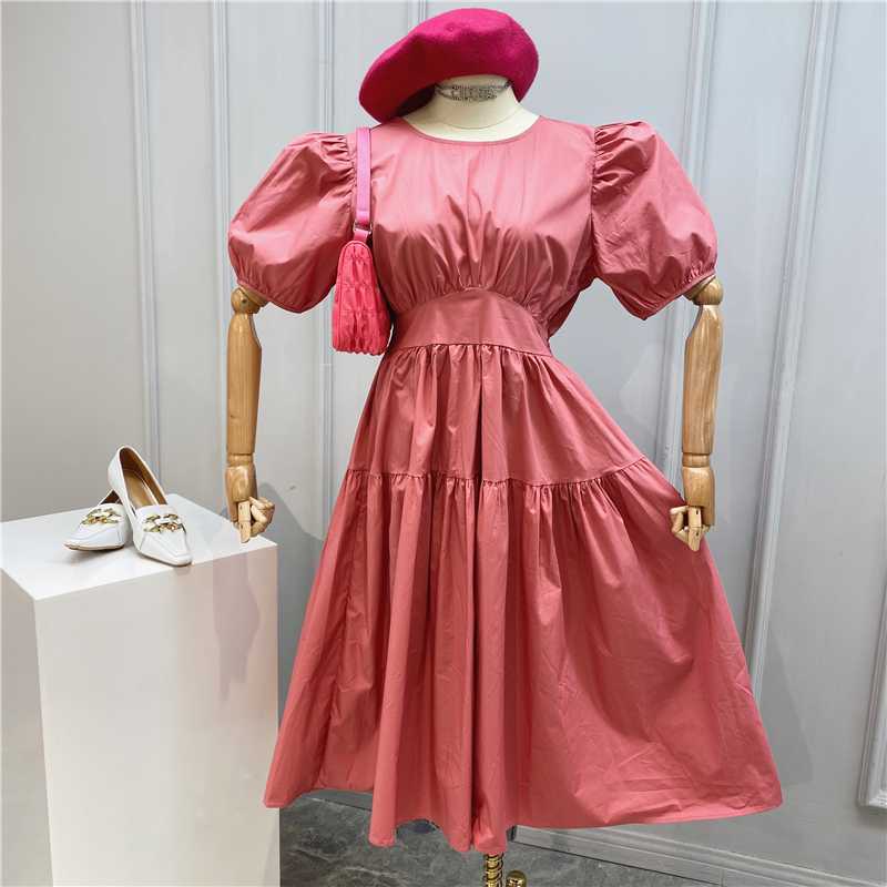 

EWQ] 2020 Summer New Sweet O Neck Puff Sleeve Dress Women Elegant Long Robe Simple Back Lace Casual Lady Dresses 5 Color QV267, Black