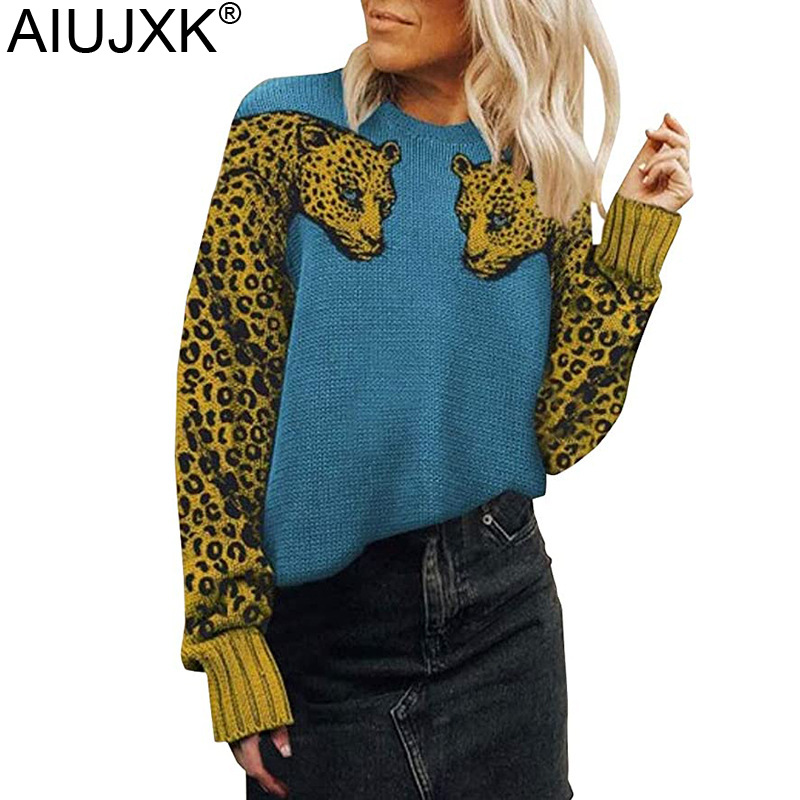 

AIUJXK Leopard Patchwork Sweaters Women 2020 New Arrival Autumn Winter Pullovers Fashion Soft Knitwear Woman Thick Casual Tops, Army green
