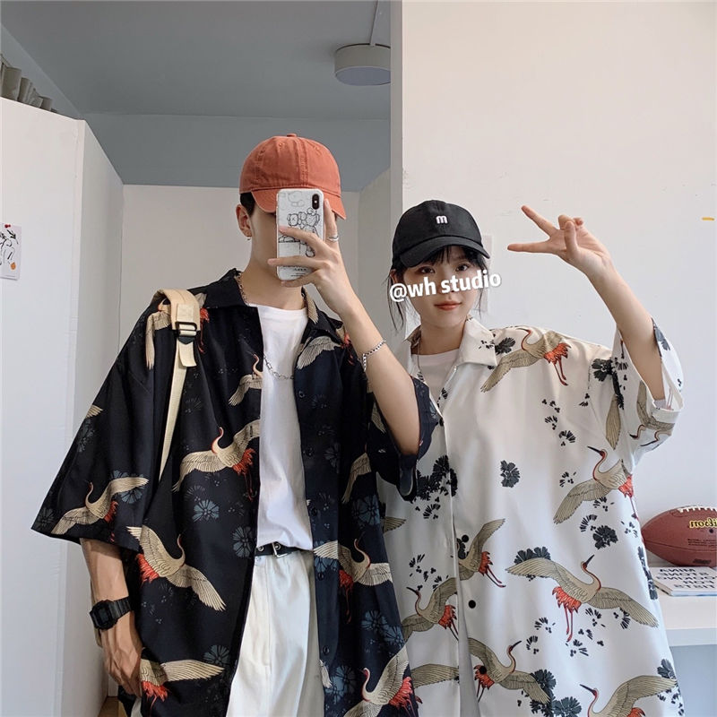 

2020 Summer New Youth Popular Couple Chinese Style Printing Loose Seven-point Sleeve Shirt Fashion Casual Top -2XL, Black