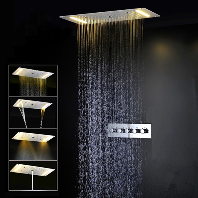 Bathroom LED Shower Set Accessories Faucets Panel Hot And Cold Bath Mixer Ceiling ShowerHead Rainfall Waterfall SPA Mist Shower 380*700MM-image-506979063