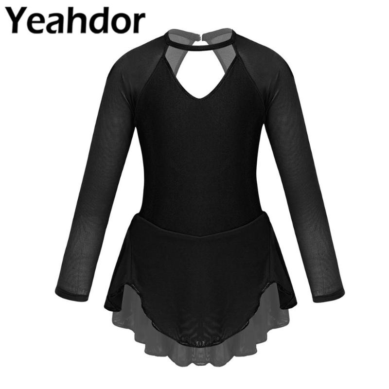 

Kids Girls Skating Dress Sheer Long Sleeves Tulle Splice Cutouts Back Figure Ice Roller Skating Girls Ballet Dance Leotard Dress, Black