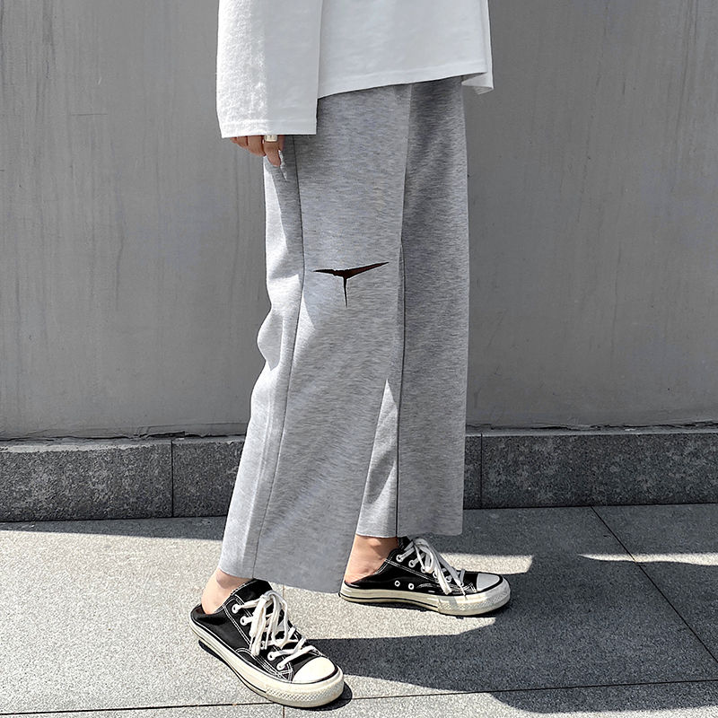 

Ripped Casual Pants Men's Fashion Solid Color Hole Straight Pants Men Streetwear Loose Joggers Sweatpants Mens Track, Black