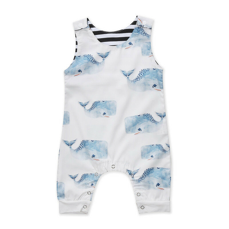 

0-3T Newborn Kids Baby Boy Girl Whale Print Bodysuit Romper Jumpsuit Sleeveless Infant Baby Kids Romper Outfits Set Clothes, White