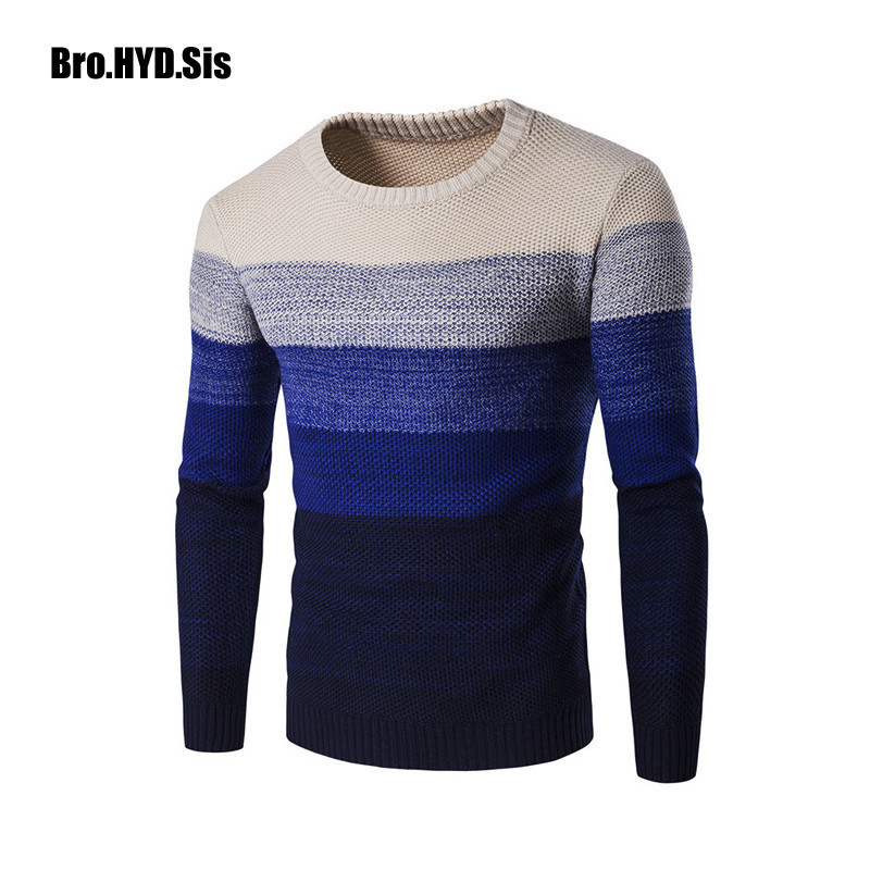 

Casual Striped Sweater Slim Fit Men Long Sleeve Patchwork Pollover O-Neck Male Sweater Thin Man Clothes Agasalho Masc, Blue