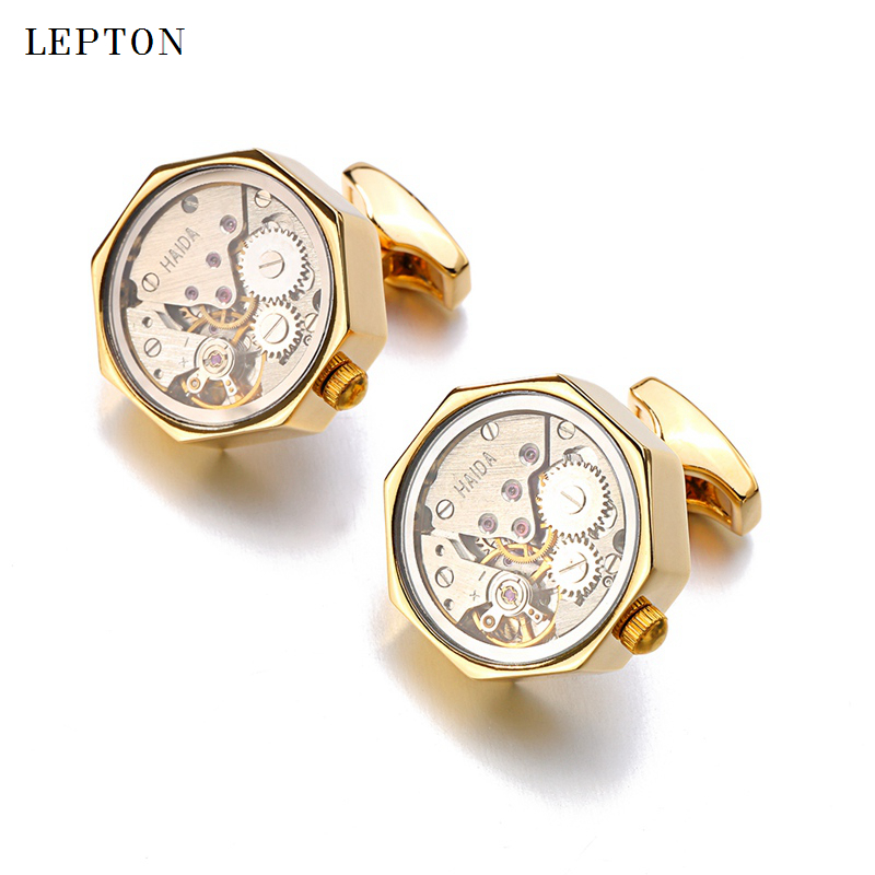 

Hot Watch Movement Cuff links of Immovable With Glass Lepton Stainless Steel Steampunk Gear Watch Mechanism Cufflinks for Mens
