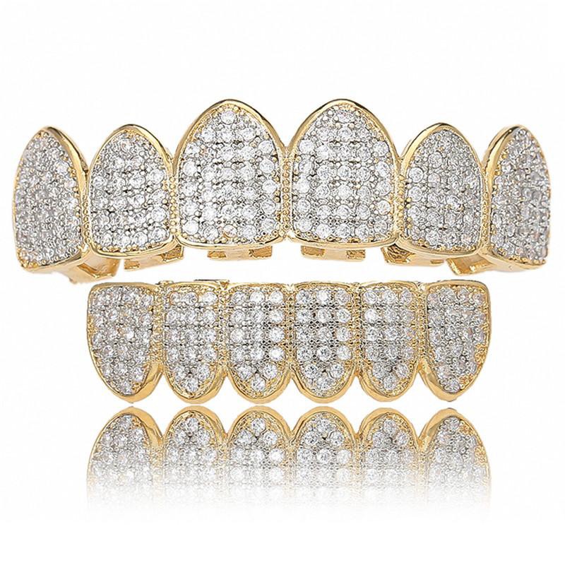 

Iced Out Grillz Bling Hip Hop Teeth Grills Caps Silver Gold Cubic Zirconia Teeth Top & Bottom Dental Grills Rock Jewelry