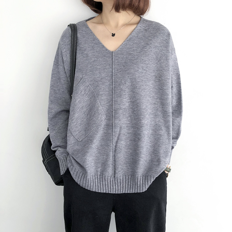 

Women V neck Sweater Knit Loose 2020 Spring autumn Casual Long Sleeve Fashion Solid Color Pullover Thin Outerwear Basic Female, Black