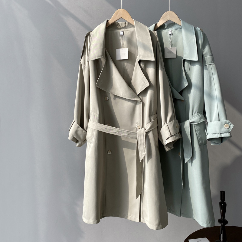 

2020 Spring Women Cotton Trench Coat Turn Down Collar Long Coat With Belt Casaco Feminino Abrigo Mujer Women Trench Femme, Green
