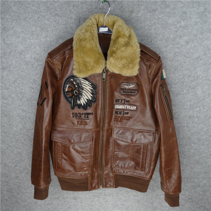 

2020 Retro Brown Men World War II Pilot Leather Jacket Plus Size 5XL Genuine Thick Cowhide] Coat FREE SHIPPING, Retro brown 2
