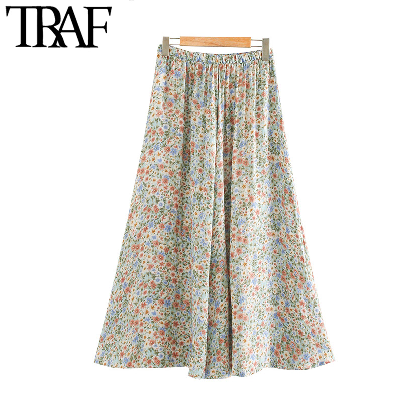 

TRAF Women Chic Fashion Floral Print Pleated Midi Skirt Vintage High Elastic Waist Office Wear Female Skirts Mujer, As picture