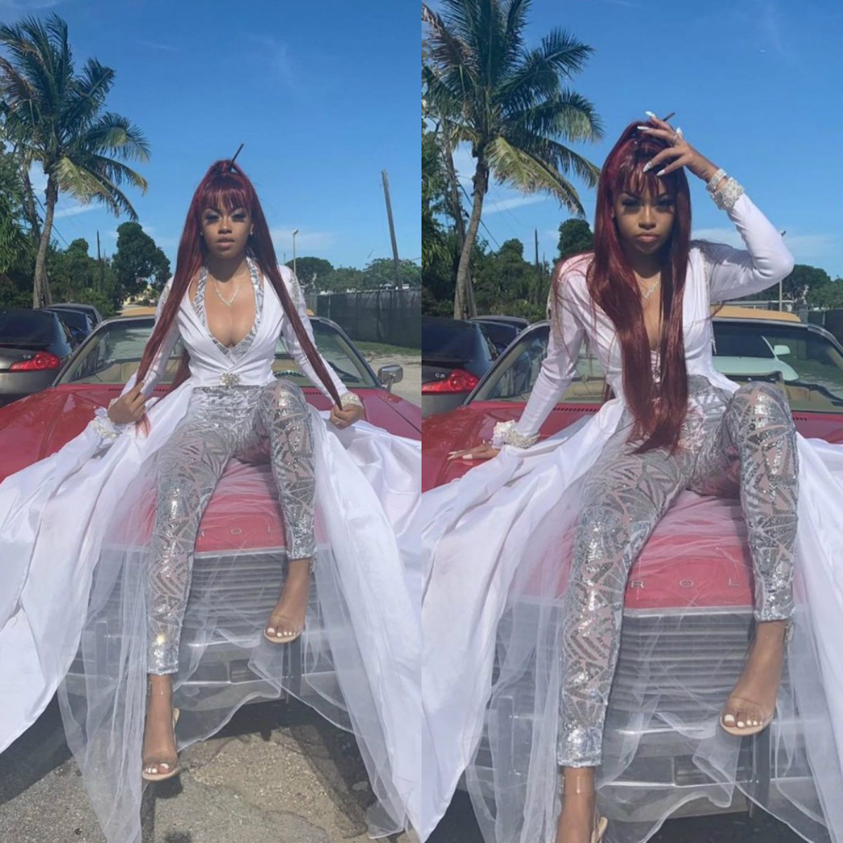 

Jumpsuit Prom Dresses With Long Train V Neck Long Sleeve Sequins Chiffon Party Gowns Ankle Length Special Occasion Dresses, Purple