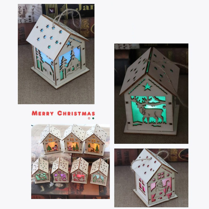 

LED Wood Santa Clause House Christmas Tree Ornaments Lamp Cabin Pendant Xmas Gift Decor for Home 669