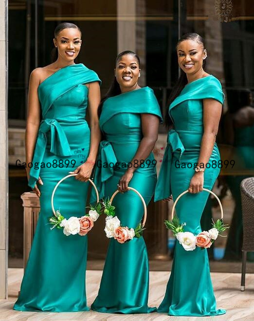 

2020 hunter African mermaid Bridesmaid Dresses one shoulder sweep train ruched elastic stain Wedding Guest Dress Modest Bridesmaid Prom Gown