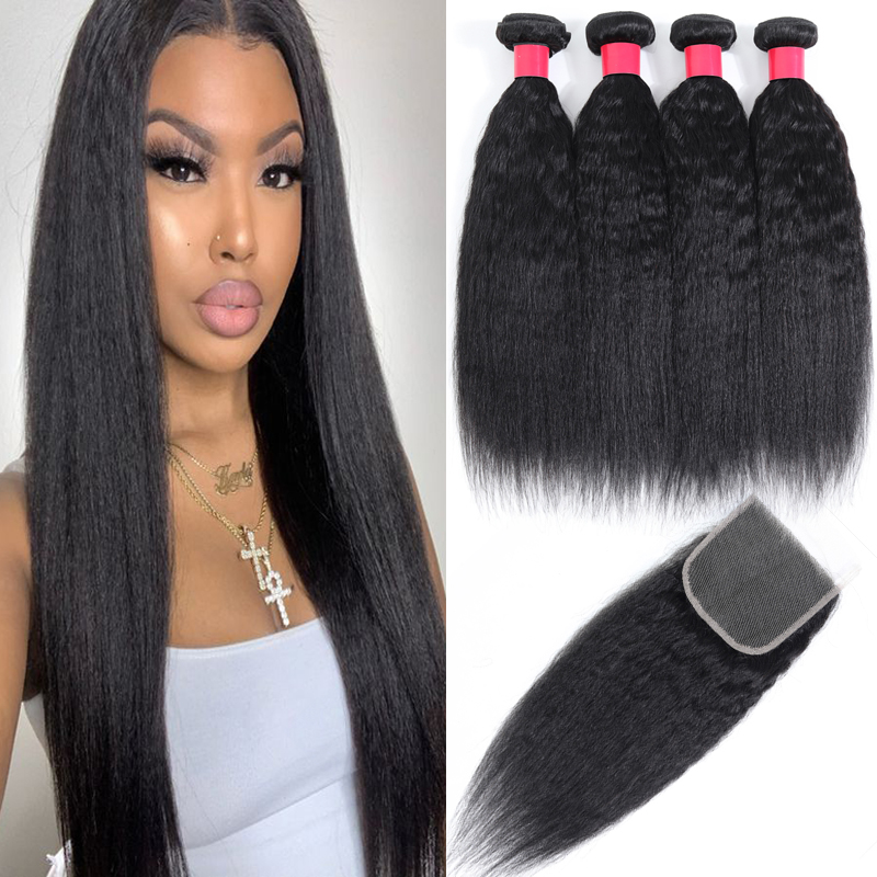 

Cheap Brazilian Virgin Hair Yaki Straight Bundles With 4x4 Lace Closure Hair Extensions Weave Human Hair Bundles Wefts With Lace Closures