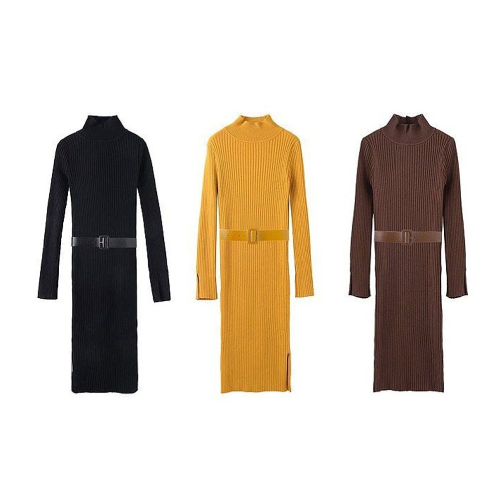 

Fashion Women Girl Basic Straight Mid Dress Casual Ladies Bodycon Knitted Split Long Dresses Autumn Winter Thicken Vestidos Top, Black