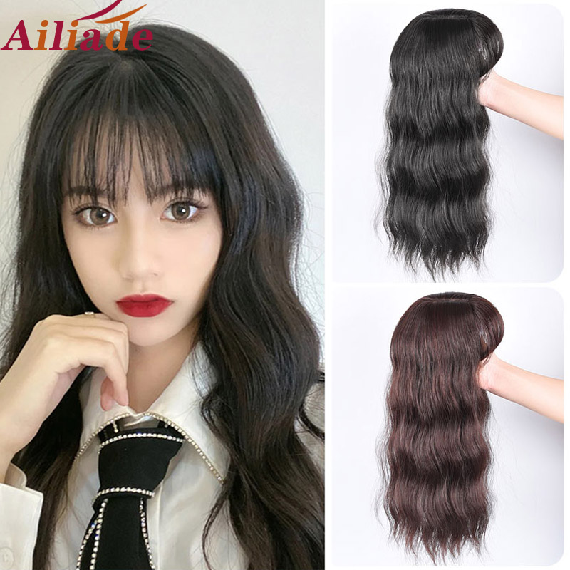 

AILIADE Natural Wave Women Topper Light One-piece Hair with Bangs Human hair mixed Synthetic Clip-in Hairpieces, 2130