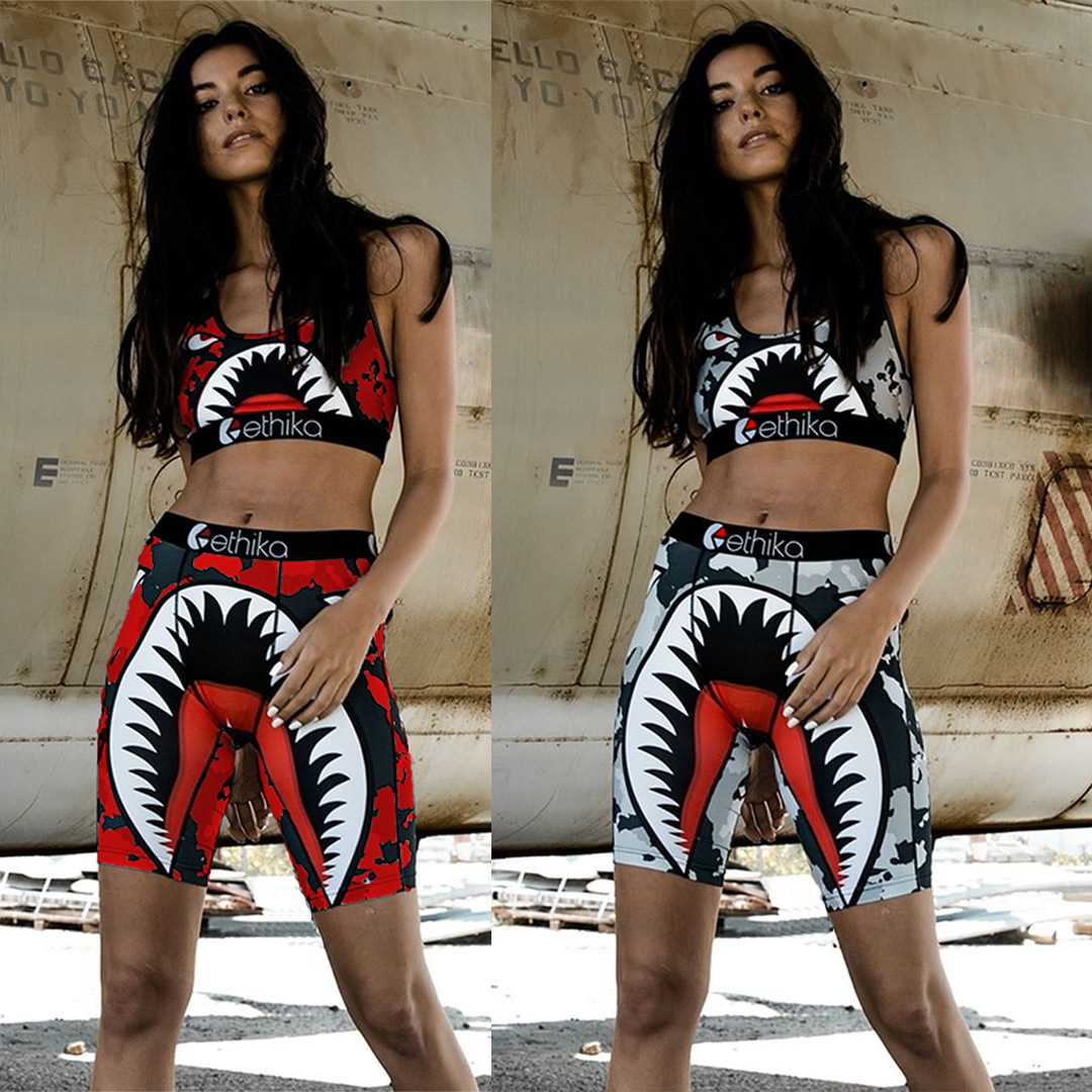 

Ethika Women Designer Swimsuit Shark Swimwear Sports Bra + Shorts Trunks 2 Piece Brand Tracksuit Quick Dry Beachwear Bikini Set Cloth, Red