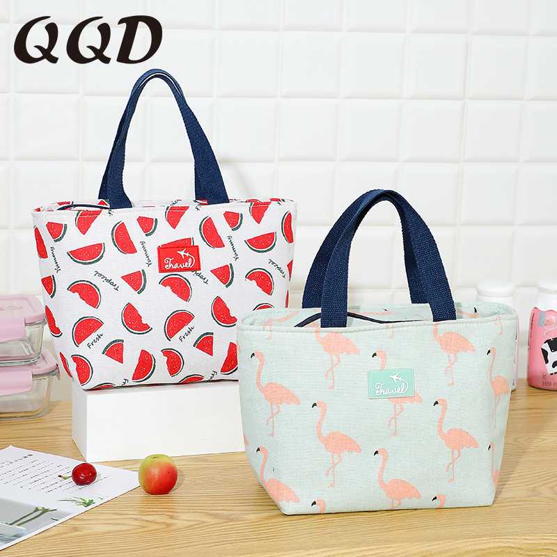 

QQD cotton linen lunch bag for women portable thermal bag waterproof travel picnic school breakfast cooler box fashion, Ta03-1-04