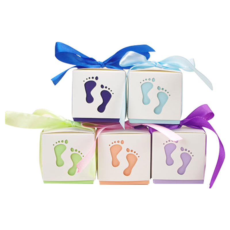 

50pcs Paper Candy Packaging Box Baby Baby Foot Gift Box For Candy/ Favors/ Dragees/ Cake Boxes With Ribbon Wedding Party Decor
