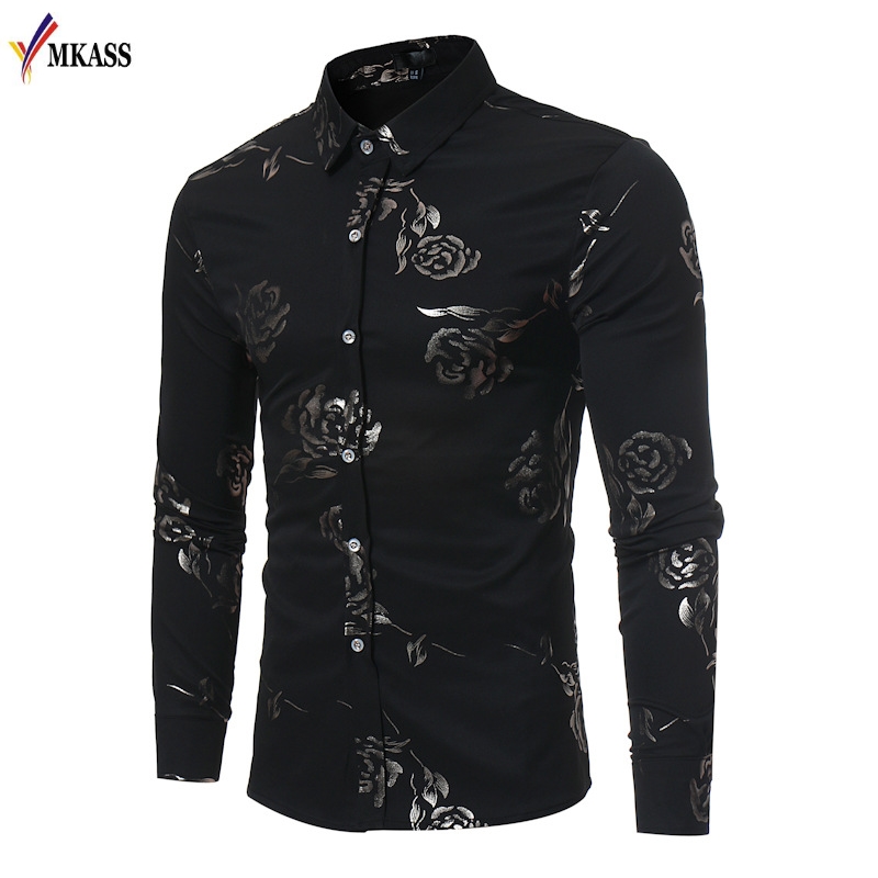 

2019 New Brand Men' Shirt Business Leisure Print Long Sleeve Shirt Slim Male Casual -2XL, Black