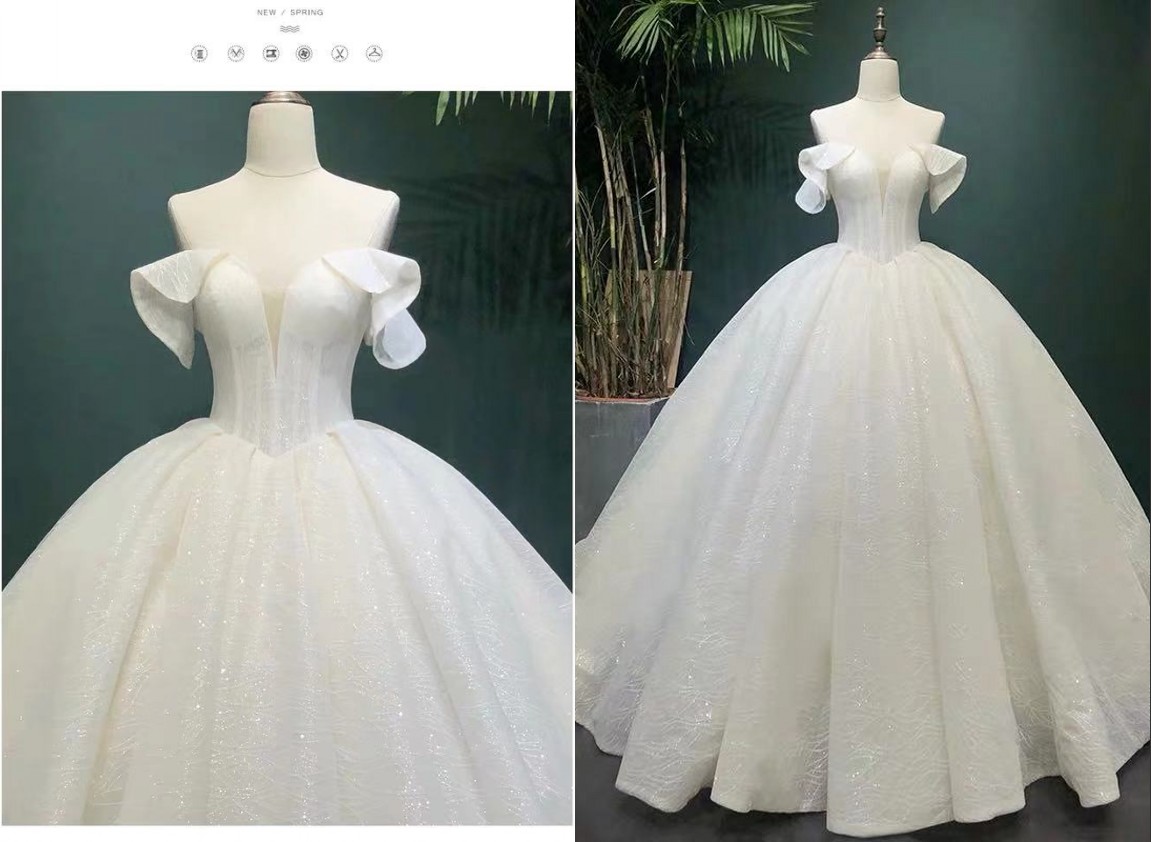 

Stunning Sequined Ball Gown Wedding Dresses Off the shoulder with Sleeves Open Back Court Train Plus size Wedding Gowns, Gold