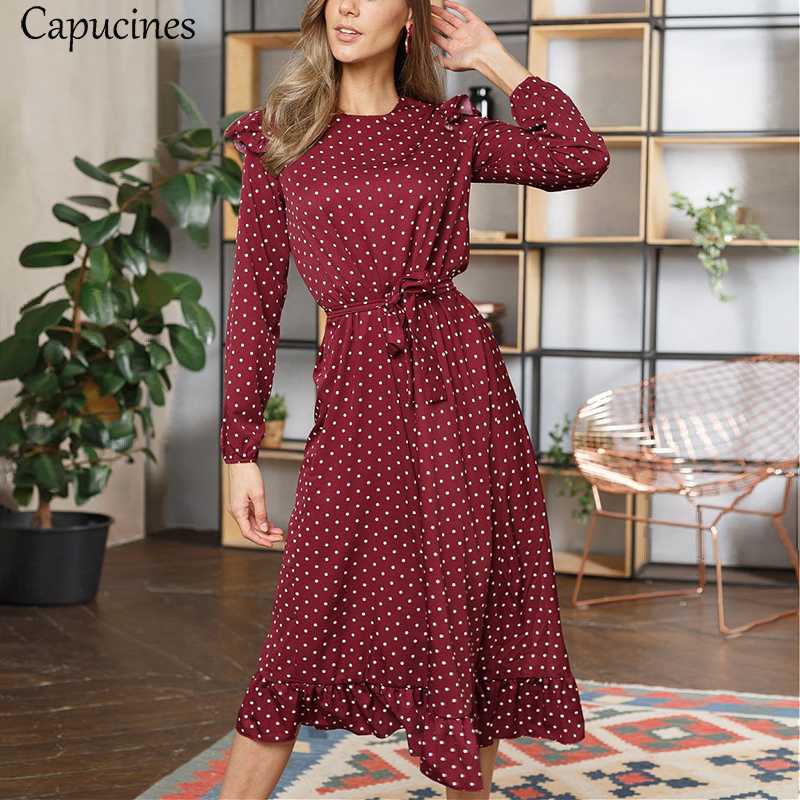 

Capucines Polka Dot Print Ruffles Midi Dress Women Autumn Long Sleeve O Neck Sashes Casual Maxi Dress Female Vestidos, Black