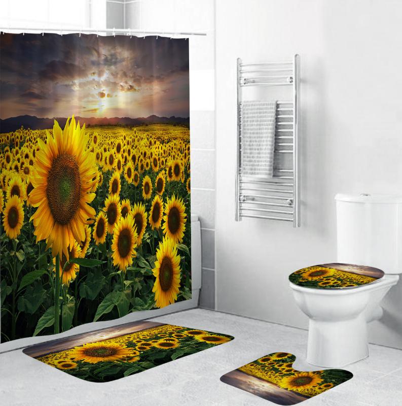 

Bath Mat Rugs Sunflower Print Shower Curtain 4 Piece Carpet Cover Toilet Cover Bath Mat Pad Set Bathroom Curtains with 12 Hooks