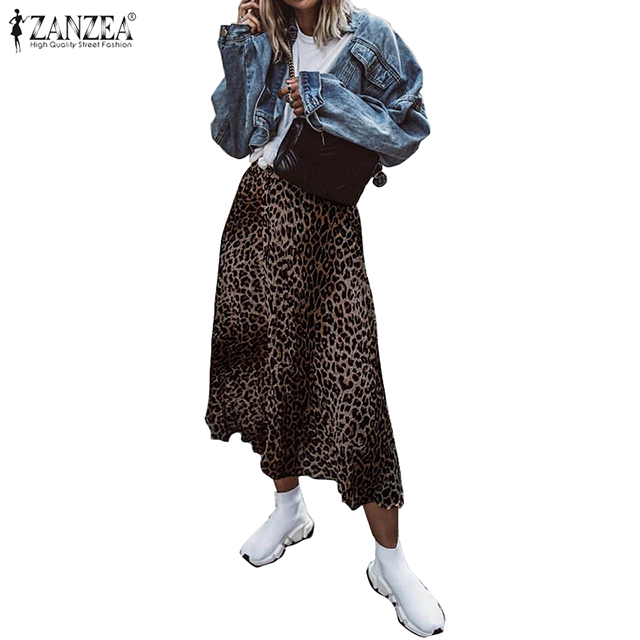 

2019 Fashion Leopard Printed Long Skirt ZANZEA Women Casual A-line Skirts Back Zipper Up Faldas Female Streetwear Plus Size 5XL, Brown