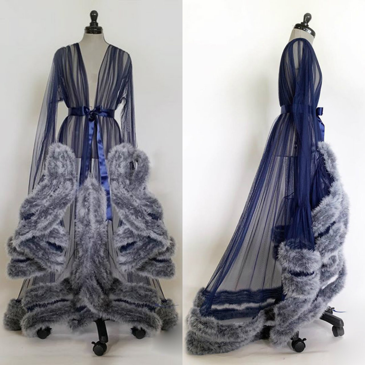 Magnifiques Robes de mariée pure fourrure Tulle personnalisé femmes peignoir col en v à manches longues parole longueur robe de nuit pour les fem