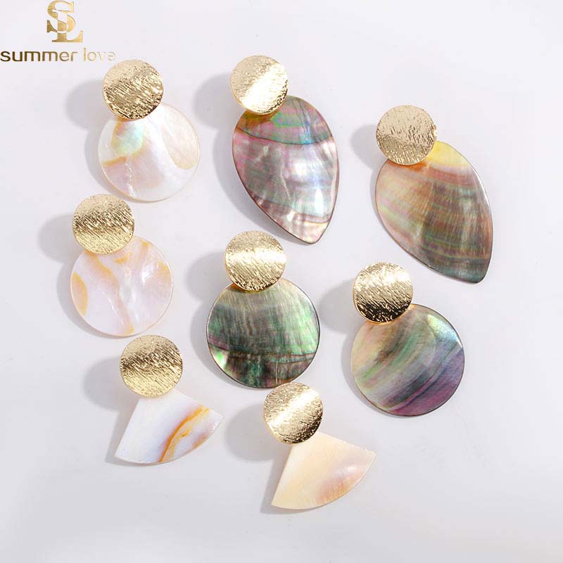 

2019 New Fashion Natural Shell Earrings for Women Round Waterdrop Geometric Creative Pendant Gold Color Earrings Jewelry Gift Wholesale