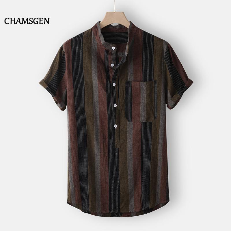 

CHAMSGEN 2020 Summer Men's Hawaiian Shirt Tops Fashion Stripe Printed Short Sleeve Lapel Streetwear Shirt Men Chemise Homme F519, Black