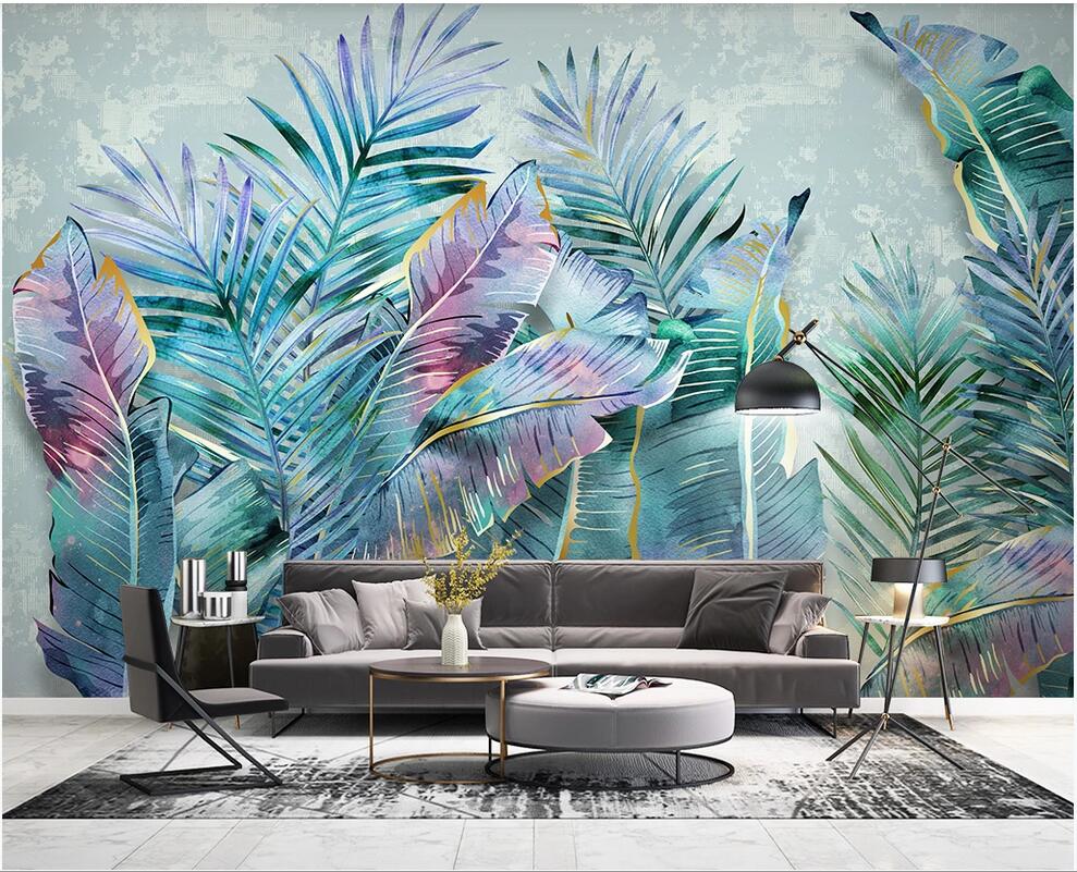 

custom photo 3d wallpaper 3D space Hand painted nordic tropical plant leaves modern minimalist tv background wall wallpaper for walls 3 d, Non-woven wallpaper