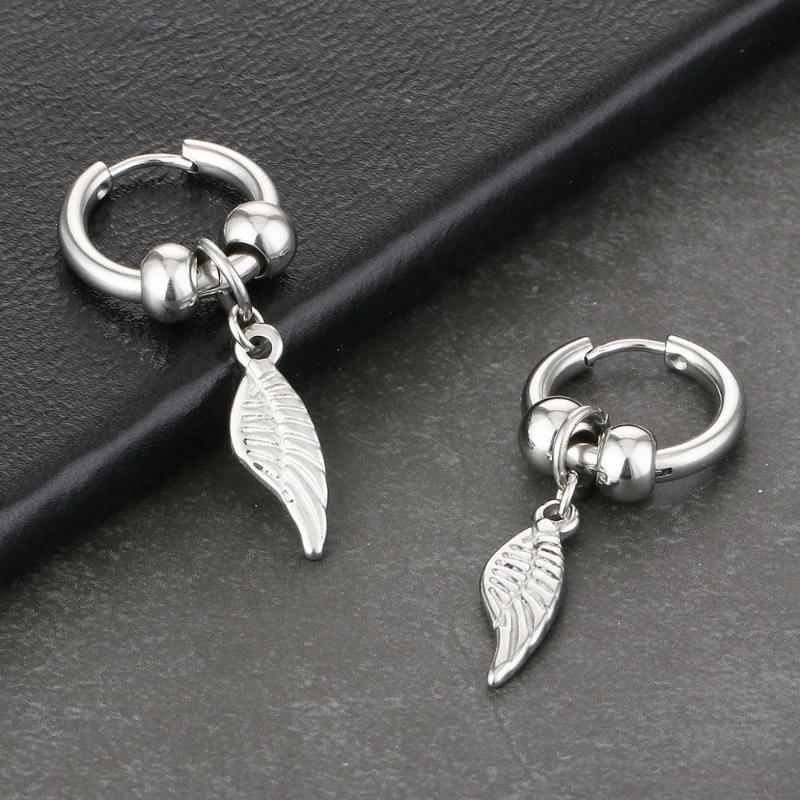 

Hoop & Huggie Retro Stainless Steel Leaf Pendant Earrings Silver Color Small Wing Circle Ear Ring Tassel Korean Jewelry