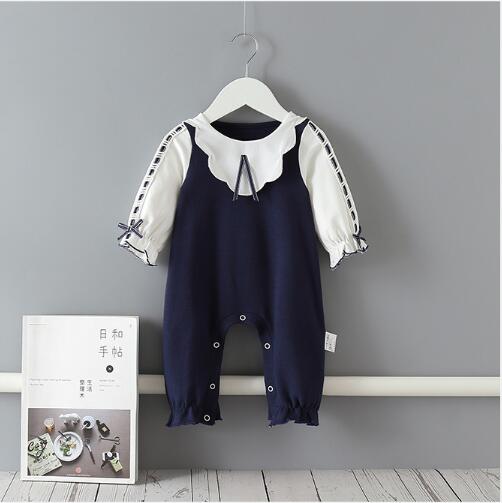 

INS Baby Girls clothes Romper 100% cotton Pet Pan Collar Dark Blue White Patchwork Romper Spring Fall Boutique rompers 0-2T, As picture