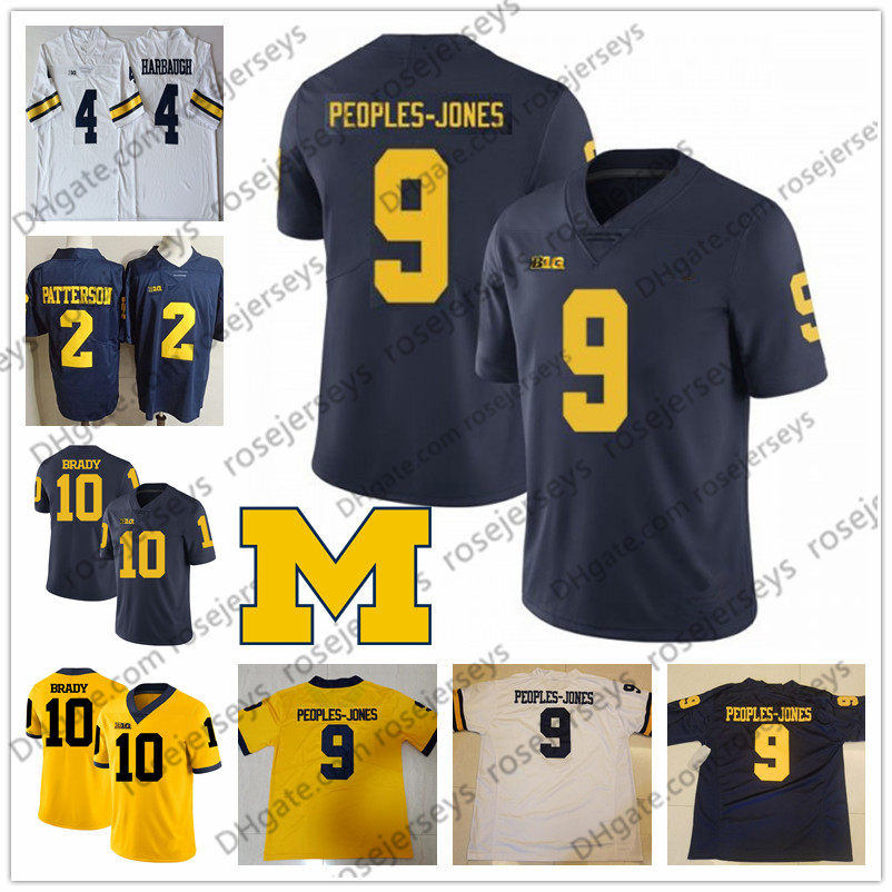 

2019 Michigan Wolverines #9 Donovan Peoples-Jones 4 Nico Collins 8 Ronnie Bell 13 Tru Wilson 42 Ben Mason White Blue Yellow Football Jersey, Navy blue