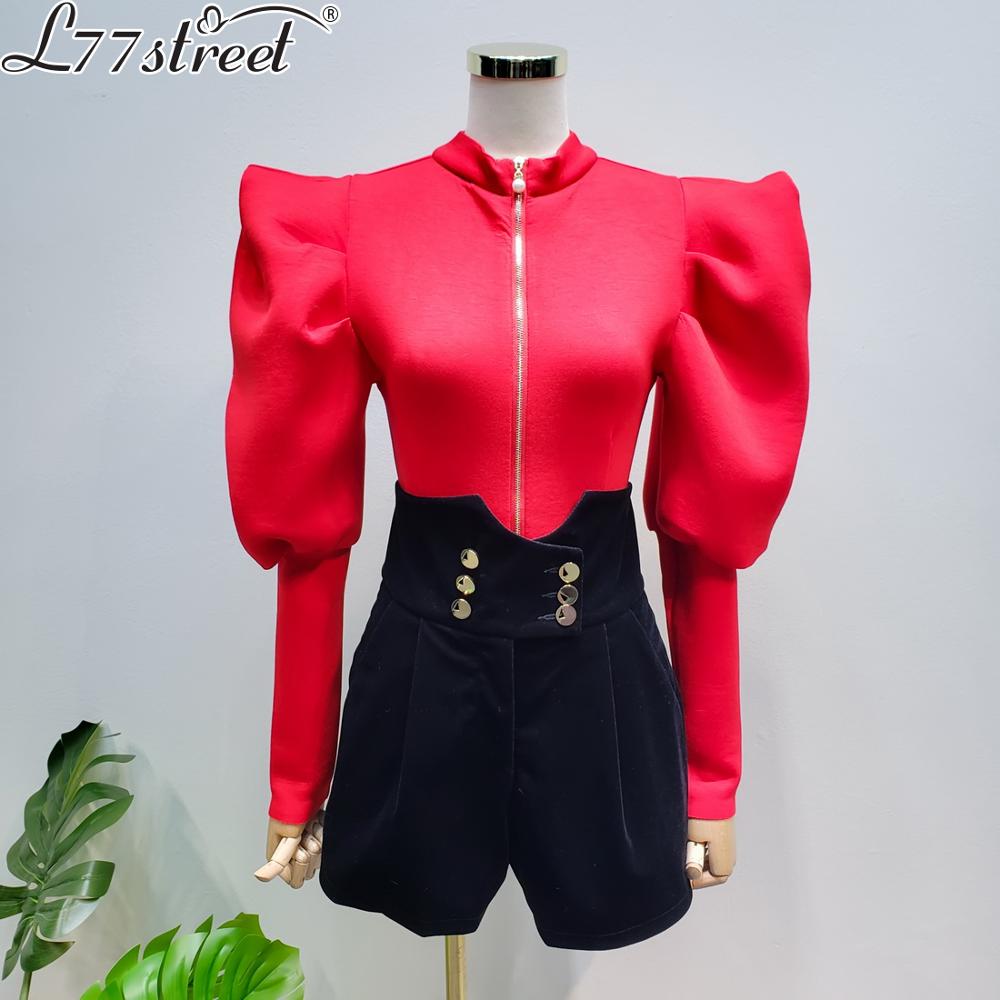 

L77street Niche French Lantern Sleeve Space Cotton Elastic Slim Thin Short Thick Winter Jacket T-Shirt, Black