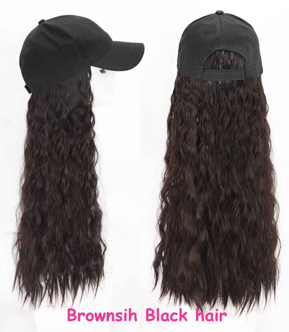 

KINKY CYRLY CAP WIGS Berets hat brownish black curly hair Adjustable Women Hats Wavy Hair synthetic Black Cap All-in-one Female Baseball Cap, Samw with picture