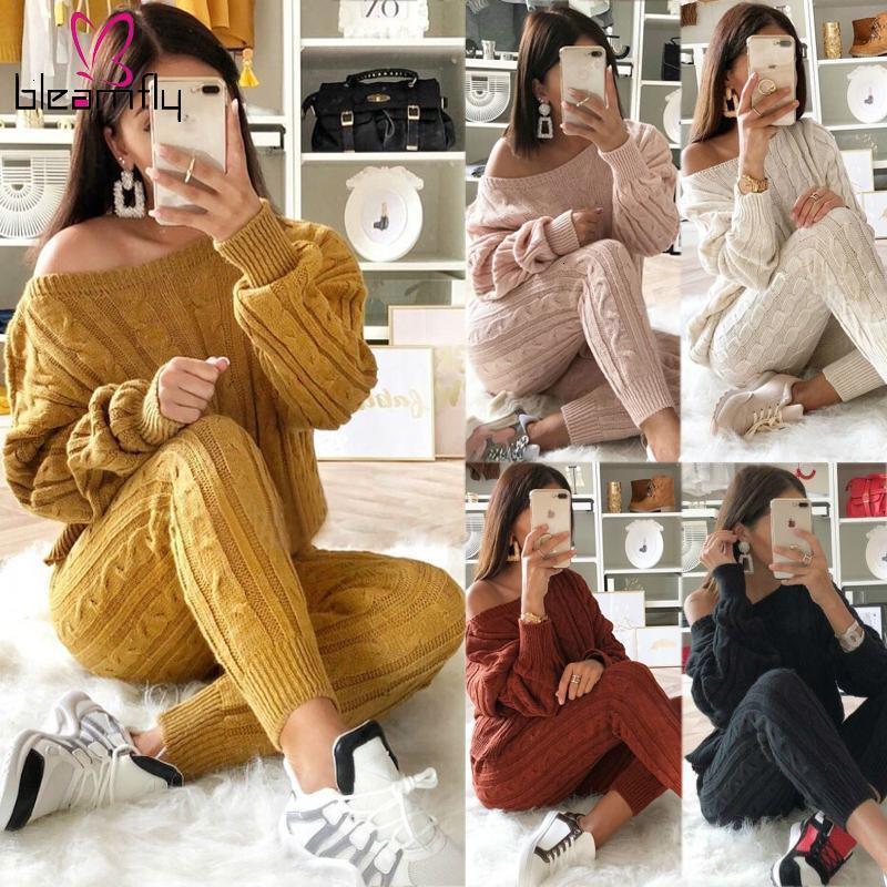 

Autumn Winter Women Warm Tracksuits Full Batwing Sleeve Slash Neck Top Full Length Skinny Pants Solid Color Suit Sweater 2019, Wine red