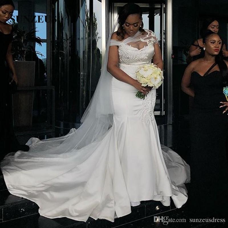 

Mermaid Satin Wedding Dresses With Appliques Sweep Train Bridal Gowns Elegant Long Marriage Dress African Women vestido de novia sirena, White