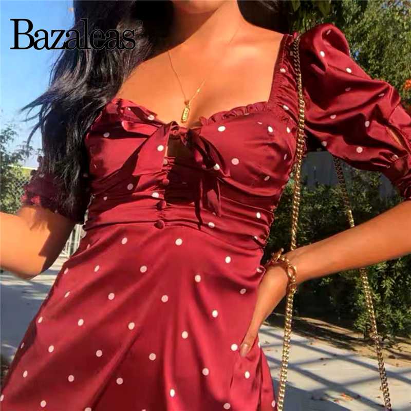 

Bazaleas Retro party dress Holiday Red Dot Print dress women Vintage Bow Hollow Out vestidos Satin Slim Puff Sleeve dresses, L182 red 9149