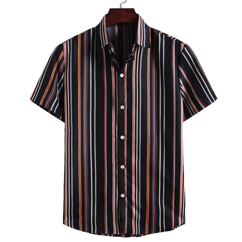 

KISSQIQI Men Striped Short Sleeve Shirt Fashion Creative Turn-down Neck Shirt Loose Summer Male Tops Maximum Asian Size -3XL