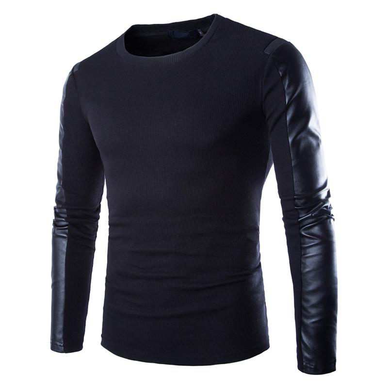 

Mens leather sweatshirt Black Long Sleeve PU Spell Leather Round Collar Wear Fitness Compression Shirt Men Pullover Clothing, As picture