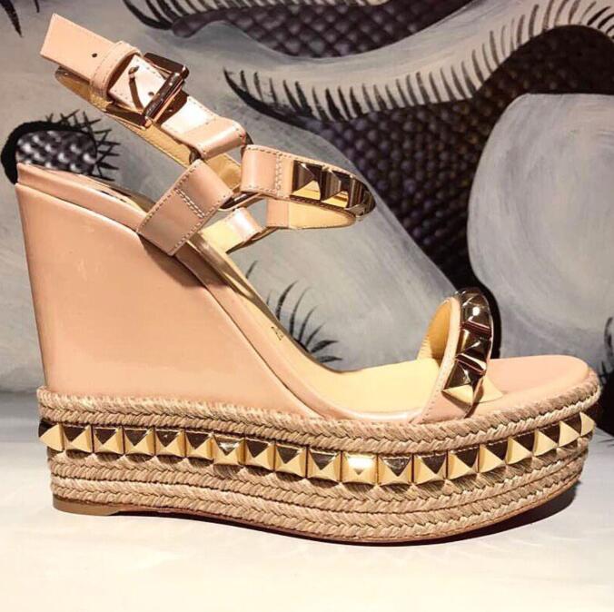 

Famous Designs Women's Sandal Shoes Red Bottom Wedge Cataclou Sandals Patent Leather Ladies Studded Heels Ankle Strap Pumps Party Dress