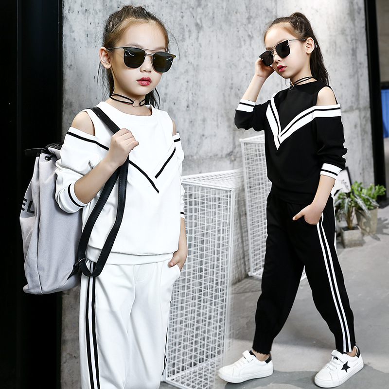 Fashion Big Girls Sports Suits Off Shoulder Black and White Clothing Set for Teenage Spring Autumn Tracksuit Kids Plus Size-image-447588110