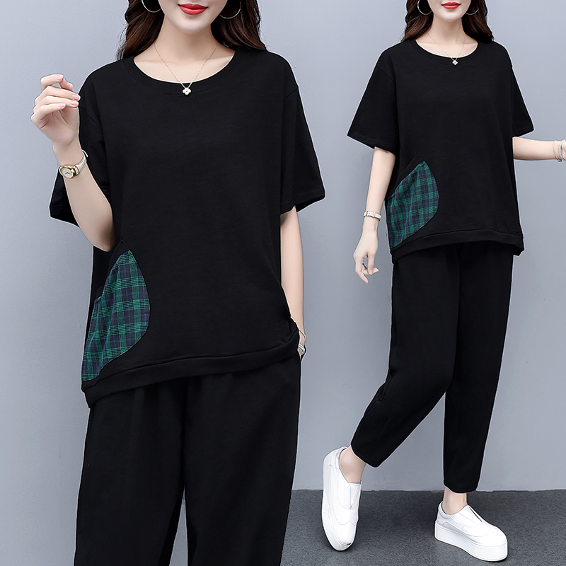 

Free mask Two piece Set Womens Tracksuit short Sleeve plus size Tops and pants Suits large size Casual Sportswear, Black