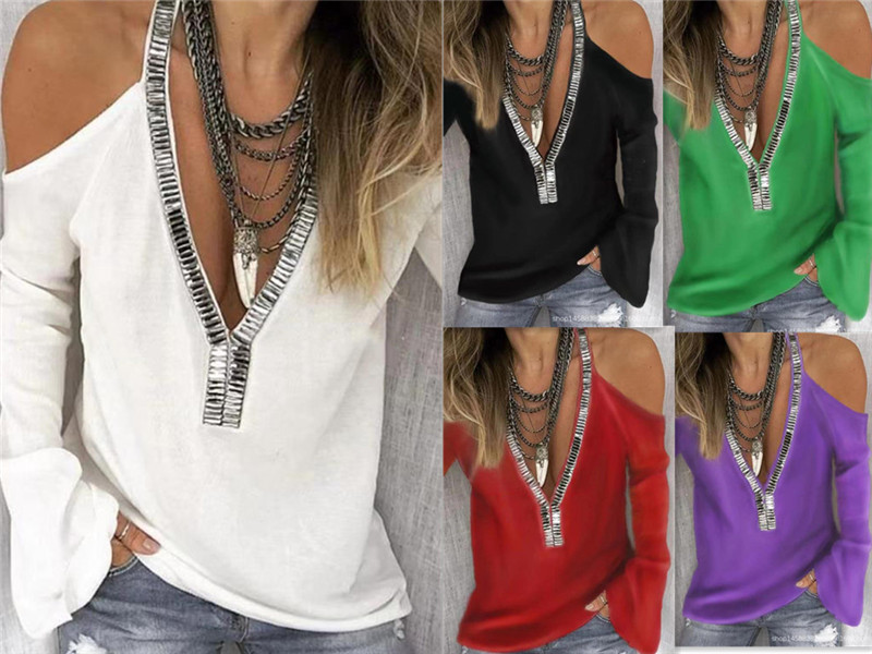 

2021 Women Designer Tshirts Plus Size Fashion V Neck Sequins Female Tees Casual Ladies Long Sleeve Tops