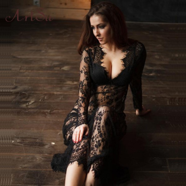 

2019 Spring Summer Nightdress Women Lingerie Sleepshirt Lace Sleepwear Ladies Long Sleeve Plus Size See-through Dress, Black